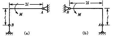 如图所示，曲杆重不计，其上作用一力偶矩为M的力偶，则图（a)中的B点反力比图（b)中 A点的反力（)