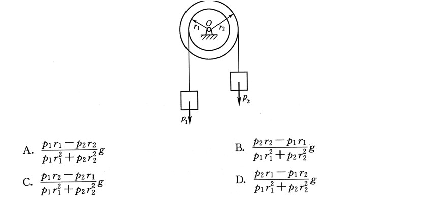 两重物质量分别为ρ1和ρ2，（假设ρ1＞ρ2)系在两条绳上；此两绳又分别围绕在半径为R1和R2的鼓轮