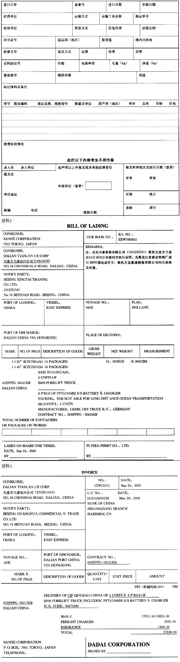 资料1中华人民共和国海关进口货物报关单 预录入编号： 海关编号： 请根据以上资料，选择以下栏目的资料