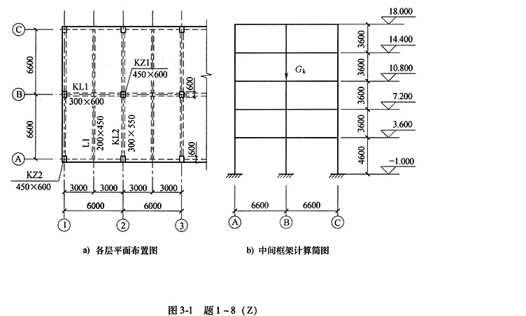 题1～8：某五层现浇钢筋混凝土框架结构多层办公楼，安全等级为二级，框架抗震等级为二级，其局部平面布置