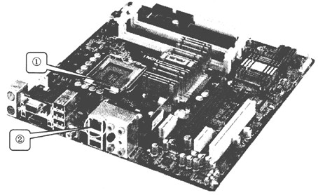 图1－5所示的微机主板的①处是（1)插槽，②处是（2)接口。A．CPUB．PCIC．RAMD．IDE