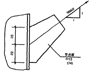 如图所示节点，钢材为Q235－B，焊条E4303，受斜向静拉力设计值566kN，节点板与主构件用双面