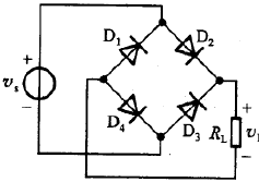 电路如图题3.4.2所示，电源vs为正弦波电压，试绘出负载RL两端的电压波形，设二极管是理想的。电路