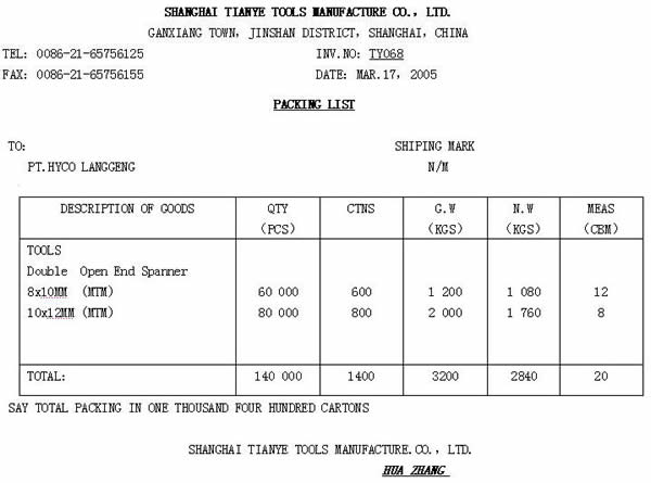 资料1: 上海田野工具制造有限公司（3105226441）采用国产原料生产手工工具扳手（法定检验货资