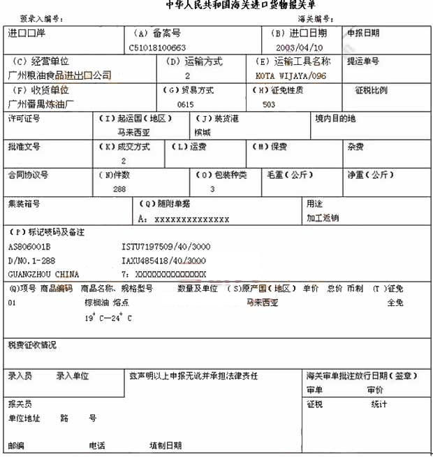 资料一： 广州粮油食品进出口公司2003年4月10日进口棕榈油，该商品属于自动进口许可证管理资料一：