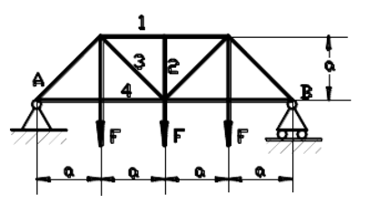 平面桁架的尺寸和受力如图所示。P=10kN，求1，2，3，4杆所受的力。