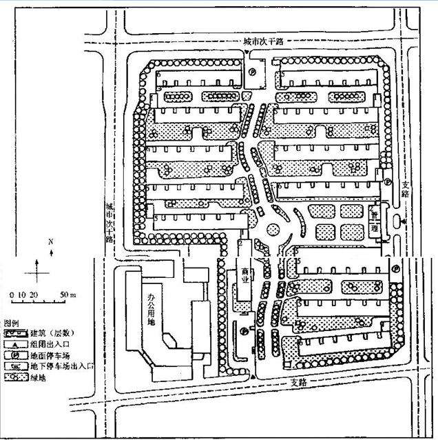 试题二图2所示为某市一个居住组团规划方案，规划用地9万平方米，规划住宅户数800户，人口约3 000