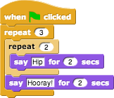下面代码执行后“hip”输出几次？ （注：repeat n意味着它所包住的所有积木块要重复执行n次）