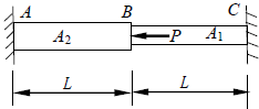 两端固定的阶梯杆如图所示，横截面面积A2=2A1，受轴向载荷P作用，假设A端受压力为NA，C端受拉力