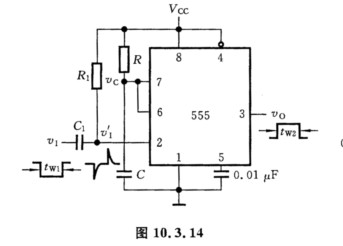 由555定时器构成的单稳态触发器如图10．3．14所示。图中，R1、C1组成什么电路？有何作用？在何