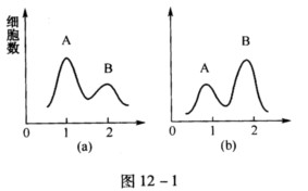 图12－1（a)、（b)是一细胞进行了不同处理后用流式细胞仪所测得的。比较两图在细胞周期上有何变化？