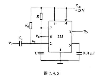 由555定时器组成的单稳态电路如图7．4．5所示，试说明Rd、Cd组成什么电路？起什么作用？在什么情