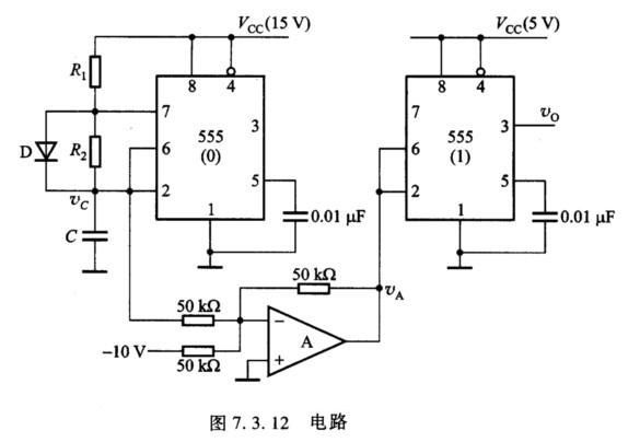 由555定时器组成的电路如图7．3．12所示，其中R1=R2=5 kΩ，C=0．01μF，D为理想二