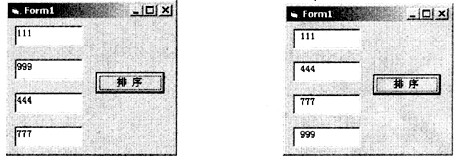 窗体上有4个文本框控件数组text1（)和一个命令按钮，程序运行前如左图所示，程序运行后如右图所示。