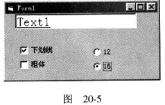在窗体上有5个控件：一个名称为Text1的文本框控件，用来显示文本；两个名称分别为Check1（设置
