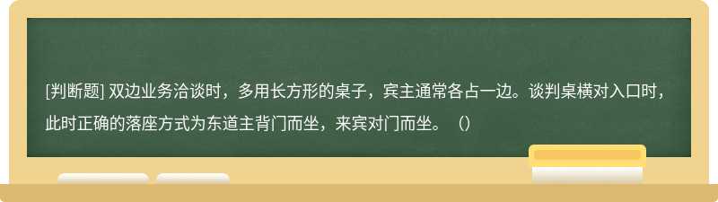 双边业务洽谈时，多用长方形的桌子，宾主通常各占一边。谈判桌横对入口时，此时正确的落座方式为东道主背门而坐，来宾对门而坐。（）