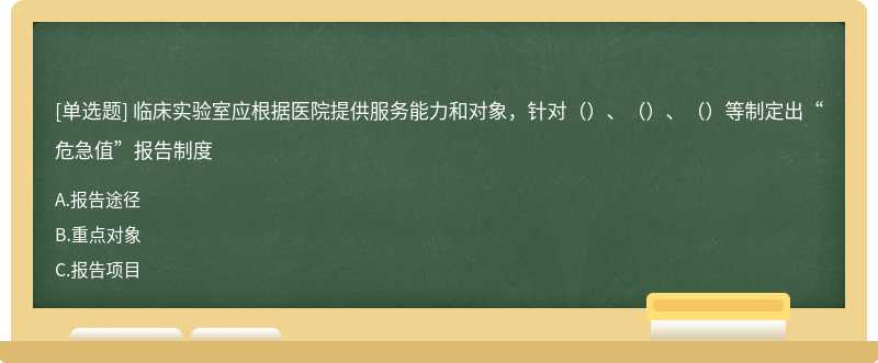 临床实验室应根据医院提供服务能力和对象，针对（）、（）、（）等制定出“危急值”报告制度