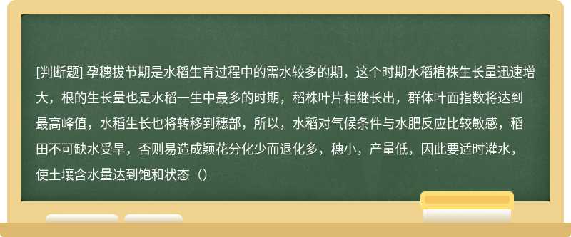 孕穗拔节期是水稻生育过程中的需水较多的期，这个时期水稻植株生长量迅速增大，根的生长量也是水稻一生中最多的时期，稻株叶片相继长出，群体叶面指数将达到最高峰值，水稻生长也将转移到穗部，所以，水稻对气候条件与水肥反应比较敏感，稻田不可缺水受旱，否则易造成颖花分化少而退化多，穗小，产量低，因此要适时灌水，使土壤含水量达到饱和状态（）