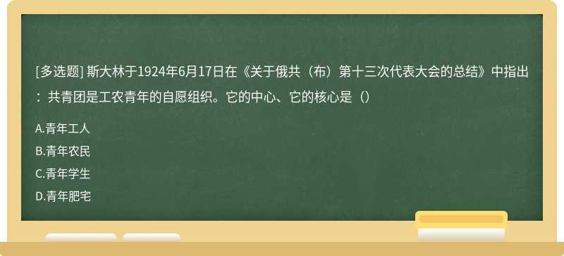 斯大林于1924年6月17日在《关于俄共（布）第十三次代表大会的总结》中指出：共青团是工农青年的自愿组织。它的中心、它的核心是（）