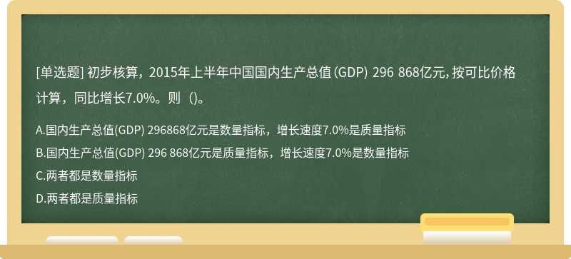 初步核算， 2015年上半年中国国内生产总值（GDP) 296 868亿元，按可比价格计算，同比增长7.0%。则（)。