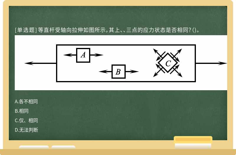 等直杆受轴向拉伸如图所示，其上、、三点的应力状态是否相同？（)。     