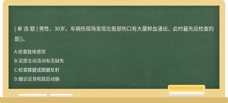 男性，30岁。车祸伤现场发现左股部伤口有大量鲜血涌出，此时最先应检查的是()。