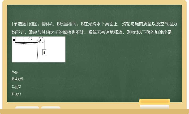 如图，物体A、B质量相同，B在光滑水平桌面上．滑轮与绳的质量以及空气阻力均不计，滑轮与其轴之间的摩擦也不计．系统无初速地释放，则物体A下落的加速度是