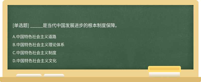 _____是当代中国发展进步的根本制度保障。A.中国特色社会主义道路B.中国特色社会主义理论体系C