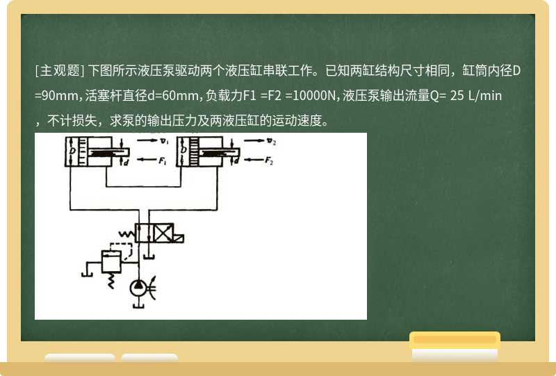 下图所示液压泵驱动两个液压缸串联工作。已知两缸结构尺寸相同，缸筒内径D=90mm，活塞杆直径d=60
