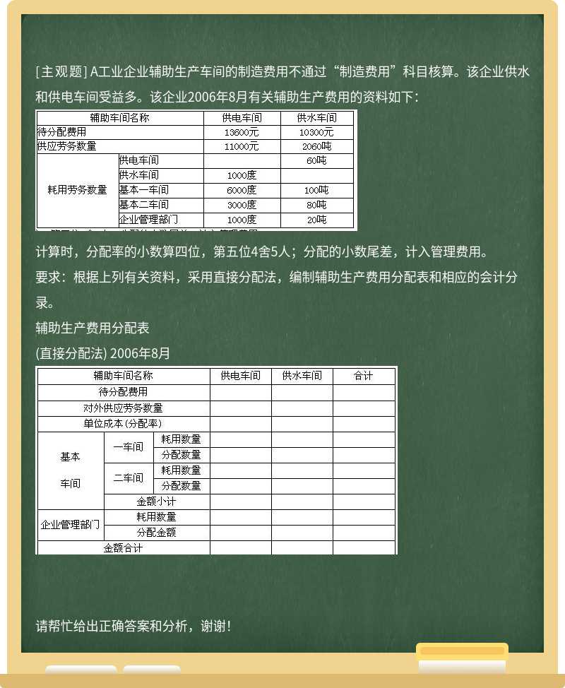 A工业企业辅助生产车间的制造费用不通过“制造费用”科目核算。该企业供水和供电车间受益多。该企业2