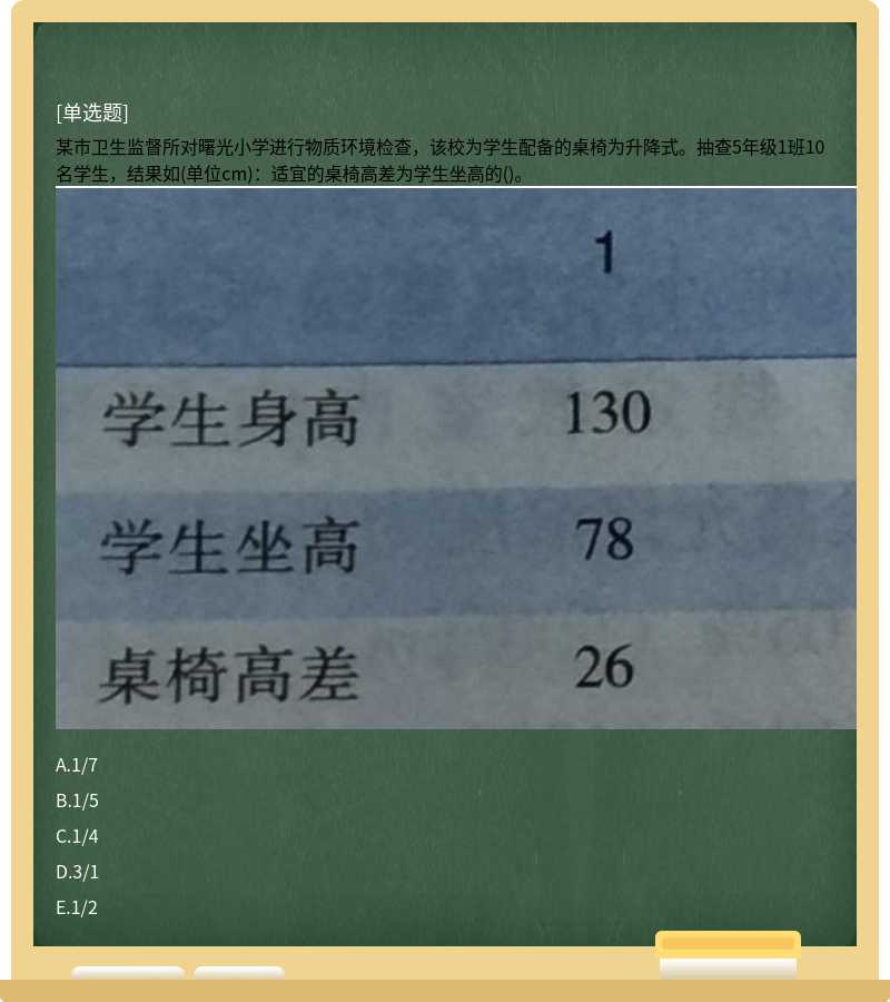 某市卫生监督所对曙光小学进行物质环境检查，该校为学生配备的桌椅为升降式。抽查5年级1班10名学生，结果如(单位cm)：适宜的桌椅高差为学生坐高的()。