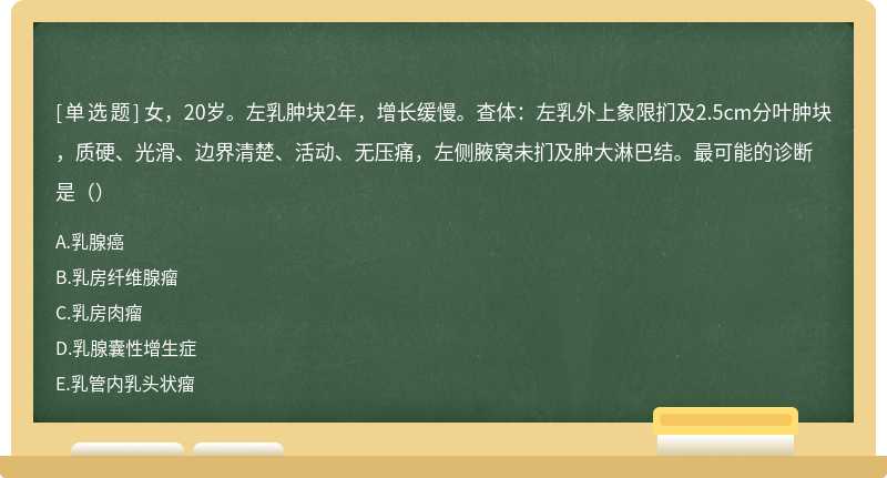 女，20岁。左乳肿块2年，增长缓慢。查体：左乳外上象限扪及2.5cm分叶肿块，质硬、光滑、边界清楚、活动、无压痛，左侧腋窝未扪及肿大淋巴结。最可能的诊断是（）