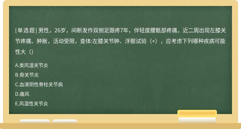 男性，26岁，间断发作双侧足跟疼7年，伴轻度腰骶部疼痛，近二周出现左膝关节疼痛、肿胀，活动受限，查体:左膝关节肿、浮髌试验（+），应考虑下列哪种疾病可能性大（）