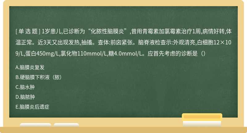 1岁患儿,已诊断为“化脓性脑膜炎”,曾用青霉素加氯霉素治疗1周,病情好转,体温正常。近3天又出现发热,抽搐。查体:前囟紧张。脑脊液检查示:外观清亮,白细胞12×109/L,蛋白450mg/L,氯化物110mmol/L,糖4.0mmol/L。应首先考虑的诊断是（）