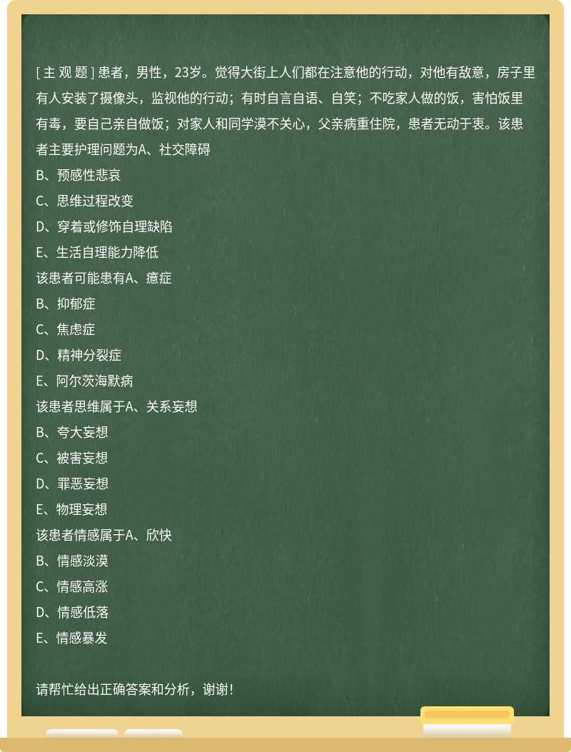 患者，男性，23岁。觉得大街上人们都在注意他的行动，对他有敌意，房子里有人安装了摄像头，监视他的行