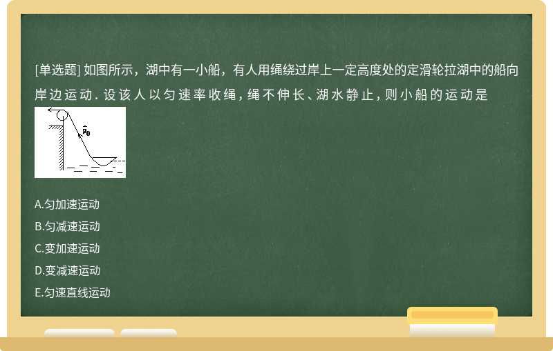 如图所示，湖中有一小船，有人用绳绕过岸上一定高度处的定滑轮拉湖中的船向岸边运动．设该人以匀速率收绳，绳不伸长、湖水静止，则小船的运动是  