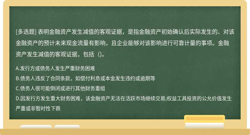 表明金融资产发生减值的客观证据，是指金融资产初始确认后实际发生的、对该金融资产的预计未来现金流量有影响，且企业能够对该影响进行可靠计量的事项。金融资产发生减值的客观证据，包括（)。