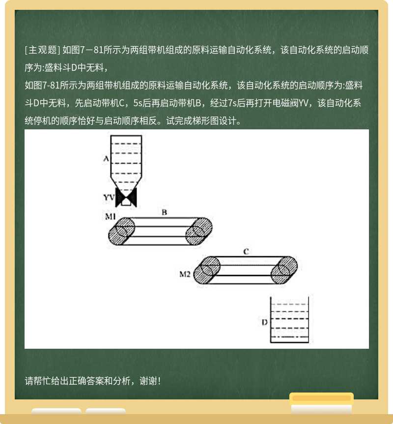 如图7－81所示为两组带机组成的原料运输自动化系统，该自动化系统的启动顺序为:盛料斗D中无料，