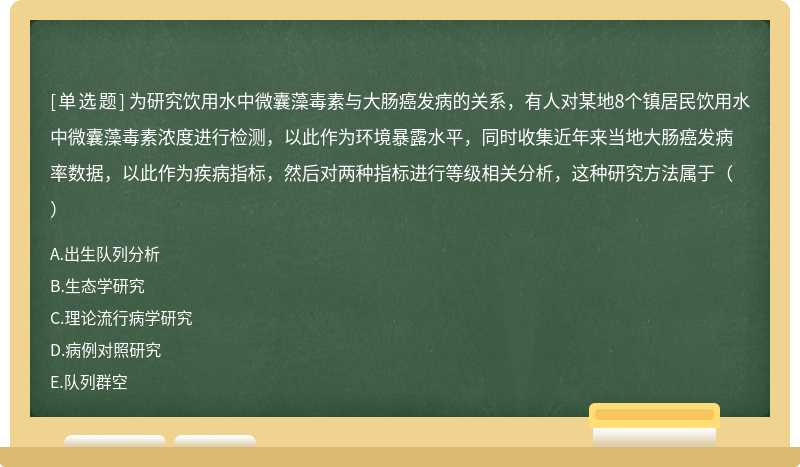 为研究饮用水中微囊藻毒素与大肠癌发病的关系，有人对某地8个镇居民饮用水中微囊藻毒素浓度进行检测，以此作为环境暴露水平，同时收集近年来当地大肠癌发病率数据，以此作为疾病指标，然后对两种指标进行等级相关分析，这种研究方法属于（）