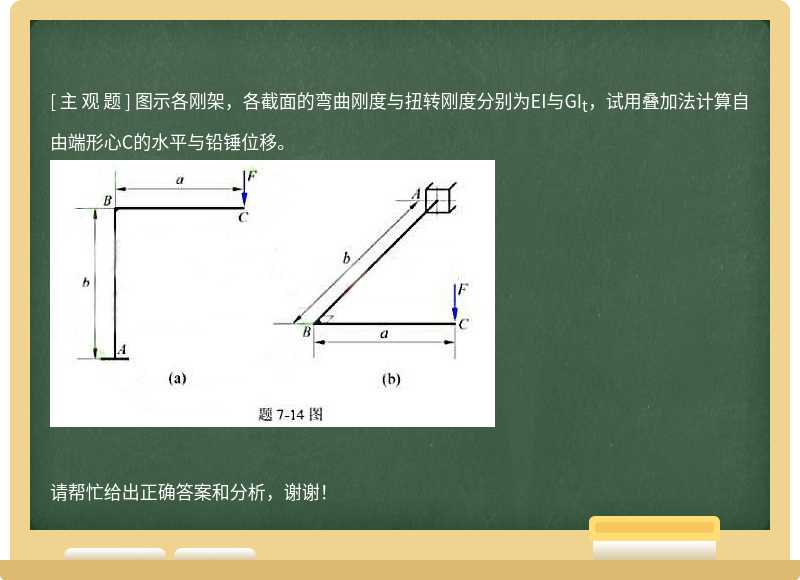 图示各刚架，各截面的弯曲刚度与扭转刚度分别为EI与GI<sub>t</sub>，试用叠加法计算自由端形心C的水平与