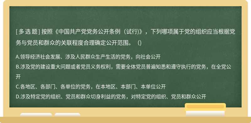 按照《中国共产党党务公开条例（试行)》，下列哪项属于党的组织应当根据党务与党员和群众的关联程度合理确定公开范围。（)