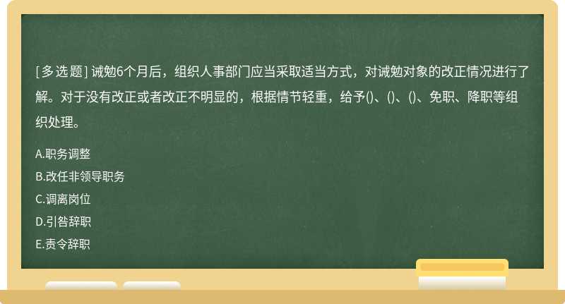 诫勉6个月后，组织人事部门应当采取适当方式，对诫勉对象的改正情况进行了解。对于没有改正或者改正不明显的，根据情节轻重，给予()、()、()、免职、降职等组织处理。