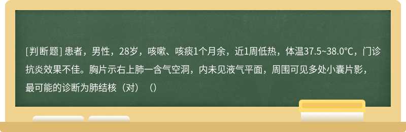 患者，男性，28岁，咳嗽、咳痰1个月余，近1周低热，体温37.5~38.0℃，门诊抗炎效果不佳。胸片示右上肺一含气空洞，内未见液气平面，周围可见多处小囊片影，最可能的诊断为肺结核（对）（）