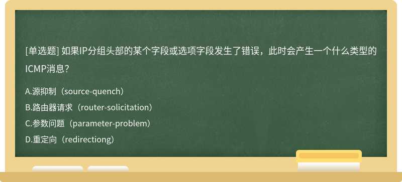 如果IP分组头部的某个字段或选项字段发生了错误，此时会产生一个什么类型的ICMP消息？