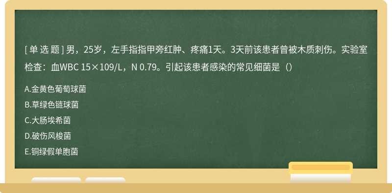 男，25岁，左手指指甲旁红肿、疼痛1天。3天前该患者曾被木质刺伤。实验室检查：血WBC 15×109/L，N 0.79。引起该患者感染的常见细菌是（）