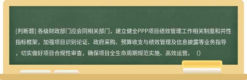 各级财政部门应会同相关部门，建立健全PPP项目绩效管理工作相关制度和共性指标框架，加强项目识别论证、政府采购、预算收支与绩效管理及信息披露等业务指导，切实做好项目合规性审查，确保项目全生命周期规范实施、高效运营。（）