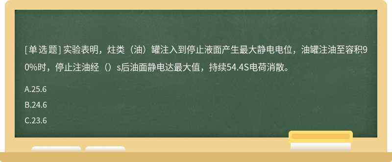 实验表明，炷类（油）罐注入到停止液面产生最大静电电位，油罐注油至容积90%时，停止注油经（）s后油面静电达最大值，持续54.4S电荷消散。