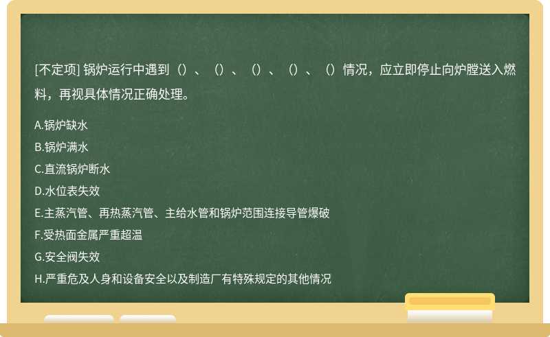 锅炉运行中遇到（）、（）、（）、（）、（）情况，应立即停止向炉膛送入燃料，再视具体情况正确处理。