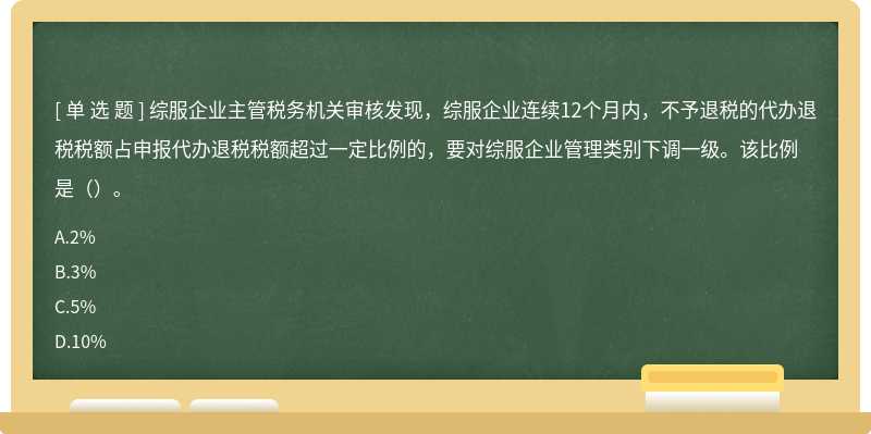 综服企业主管税务机关审核发现，综服企业连续12个月内，不予退税的代办退税税额占申报代办退税税额超过一定比例的，要对综服企业管理类别下调一级。该比例是（）。