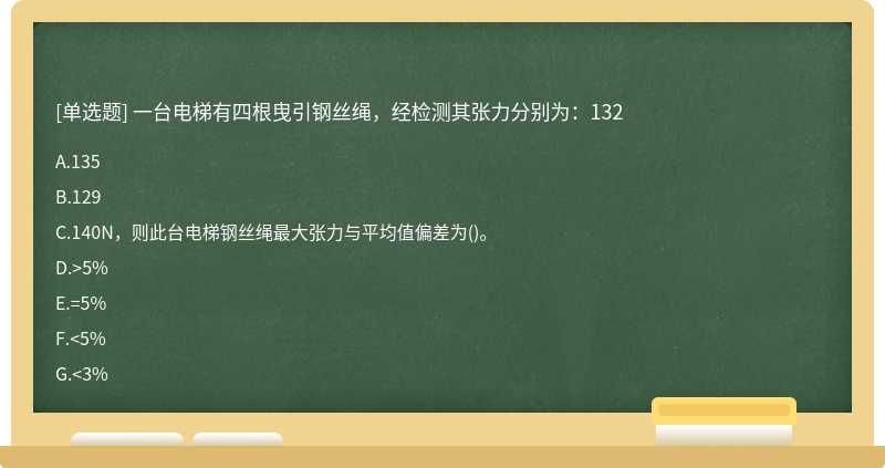 一台电梯有四根曳引钢丝绳，经检测其张力分别为：132